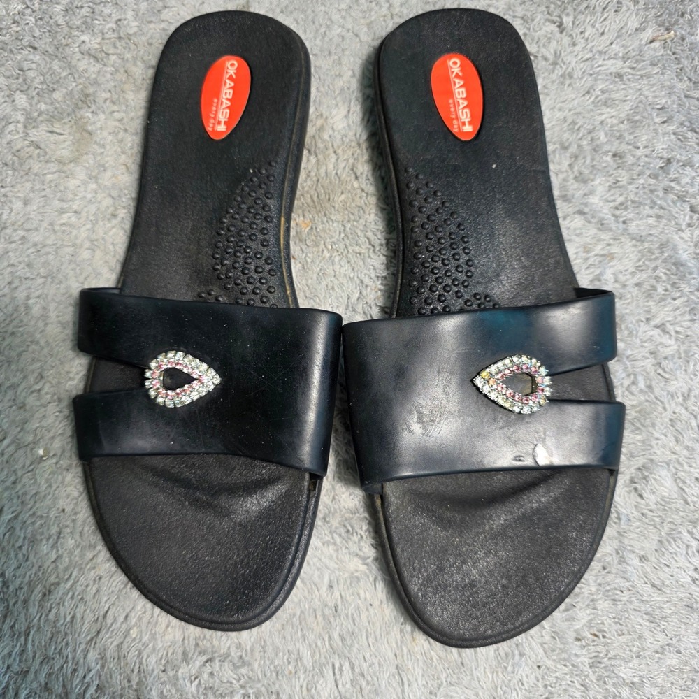 Okabashi Slide Sandals Black Rhinestone Heart Embellished Womens M/L‎ 8-9
